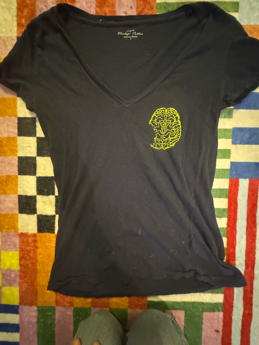 J. Crew Black V-Neck Tee with Yellow Brain Graphic
